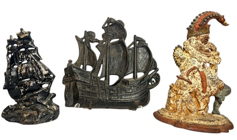 Three Cast Iron Figural Doorstops, Ships & Mr. Punch