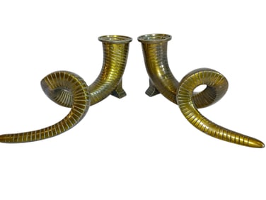 Pair of Brass Spiral Ram Horn Candle Holders
