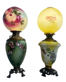 Two Antique Victorian Hand Painted Oil Lamps