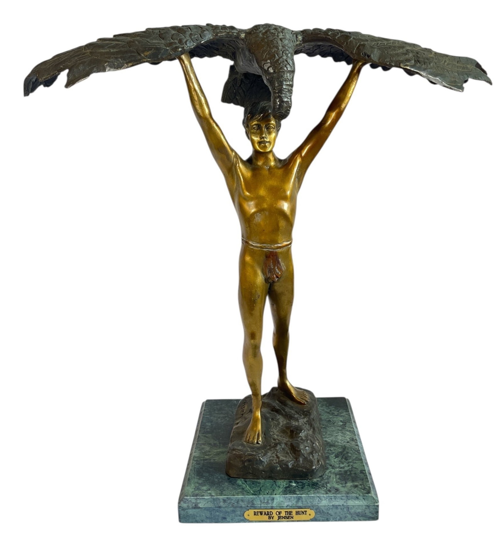 After JENSEN "Reward of The Hunt" Bronze Sculpture: Bronze on marble vase. Measures 24.5" H x 26" W x 10.25" x 10.25" at the base.