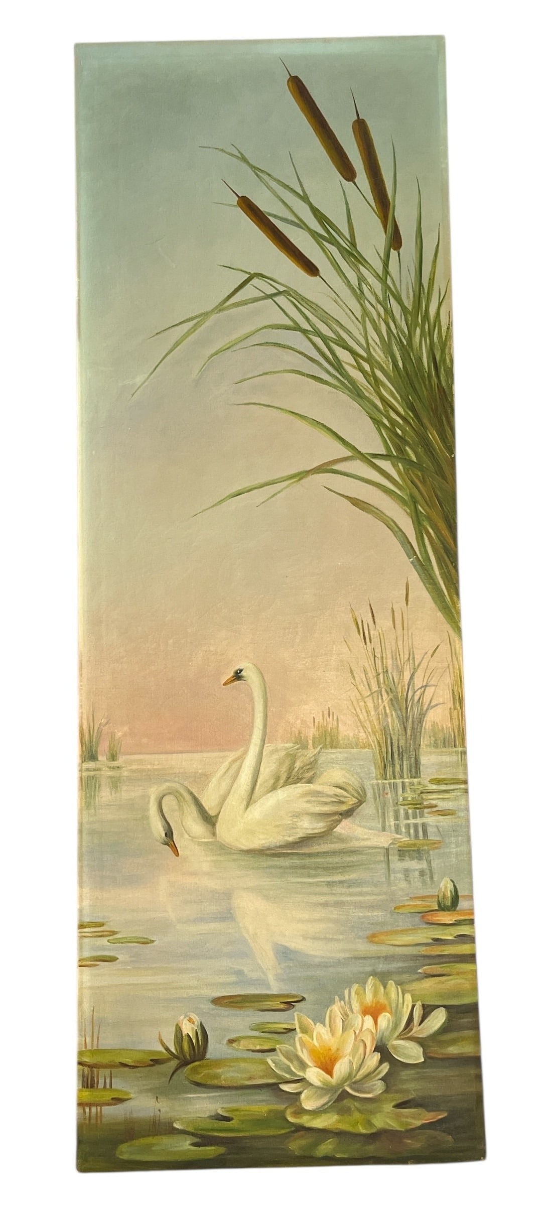 19th C. "Swans in the Pond" Oil on Canvas: Measures 37.25" H x 12.75" W x 0.75" D.