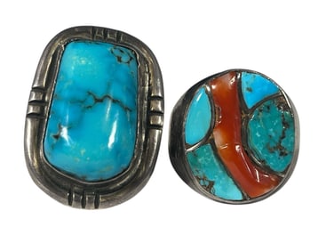 Two Sterling Silver, Turquoise, & Coral Mens Rings