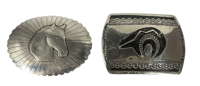 Two Sterling Silver Navajo Native American Belt Buckles