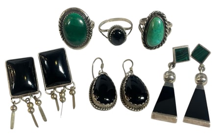 A Collection of Sterling Silver, 950 Silver Malachite & Onyx Jewelry