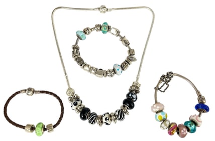 Three PANDORA Sterling Silver Charm Bracelets & Necklace