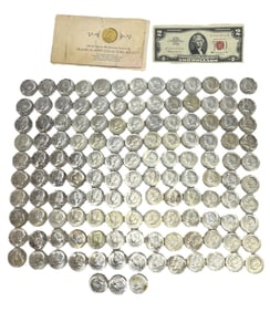 Collection of 1965-1968 Half Dollars, 1963 Two Dollar Bill, 24k Gold Over Sterling Coin