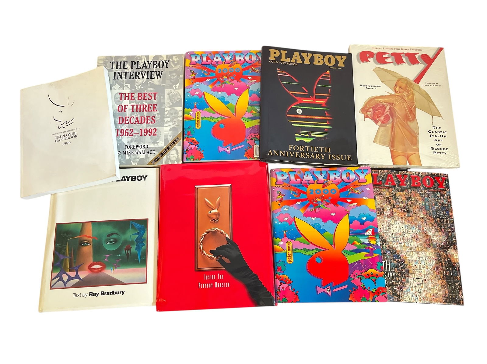 Collection PLAYBOY & HUGH HEFNER Collector's Edition Coffee Table Books, PETER MAX: Includes soft and hard covers of the January 2000 Playboy Collector's Edition featuring Peter Max artwork, "The Art of Playboy" by Ray Bradbury, "Inside the Playboy Mansion" by Gretchen Edgren, Januar