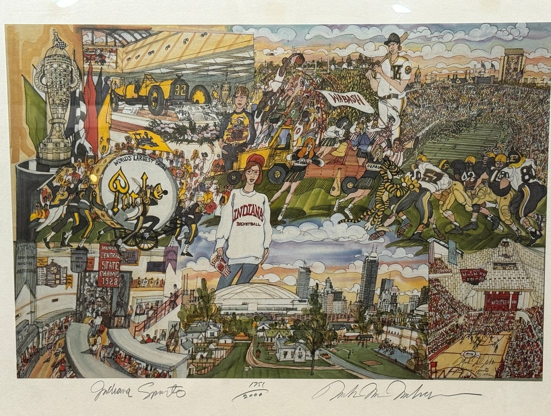 "Indiana Sports" Signed MARK MCMAHON Print: No. 1751/2000. Purdue University, Indiana University, Notre Dame, Wabash College, DePauw, Ball State. 24.5" H x 31" W x 1" D. Property of the Estate of Mayor Robert Pastrick.