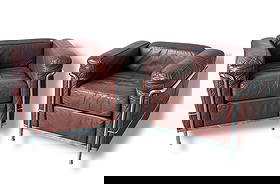 LE CORBUSIER "LC2" Chair, Pair: Charlotte Perriand, Pierre Jeanneret and Le Corbusier. Leather & Chrome plated steel. 27" H to back x 18" H to seat x 32" W x 27" D. Both chairs are unmarked.