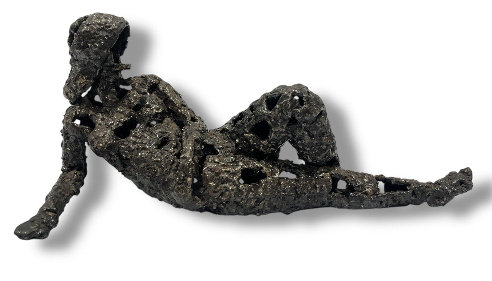 Brutalist Metalwork Lounging Woman: Measures 7" H x 14.5" W x 6" D.