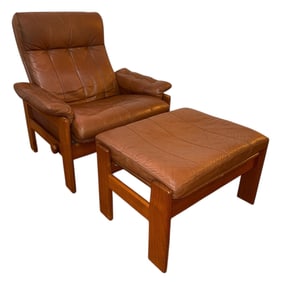 A SVEN ELLEKAER for SKIPPER MOBLER Brown Leather Chair and Ottoman