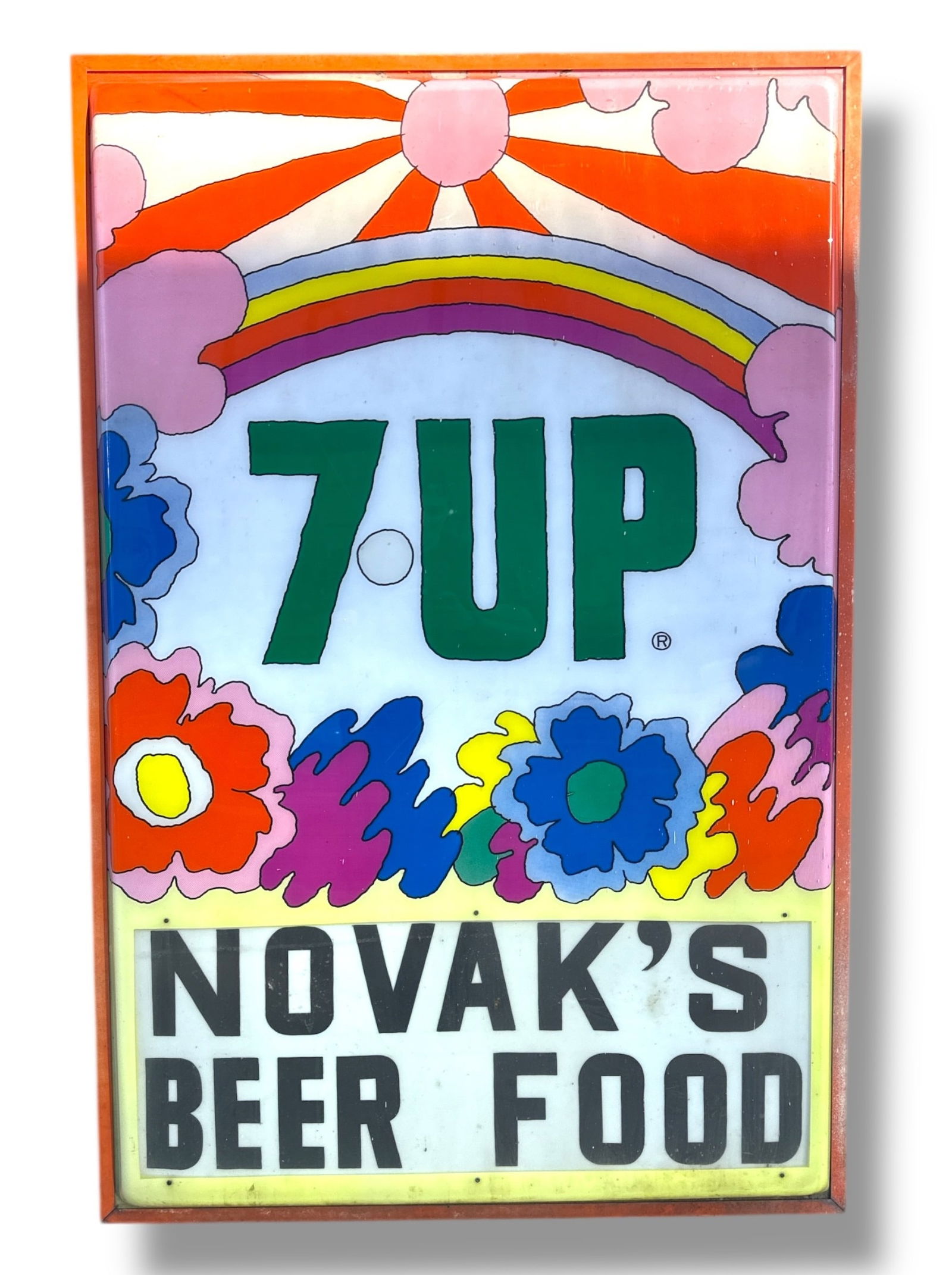 Rare PETER MAX 7UP Advertising Sign, Lighted & Double Sided: American (b. 1937). 73" H x 48" W x 9" D. Lighted and double sided.