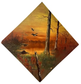 Large 1957 Folk Art Woodland Acrylic Mural Painting