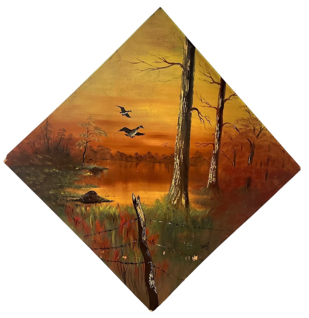 Large 1957 Folk Art Woodland Acrylic Mural Painting: Mixed media on board. 67.25" x 67.25" Originally painted for Novak's Bar as advertising wall art on walls to make the bar look like an up north cabin in the woods.