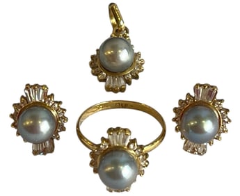 An 18k Gold, Pearl, & CZ Demi Parure