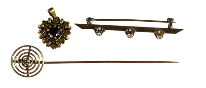 14k & 10k Gold & Diamond Pins, 14k Ruby Heart Pendant