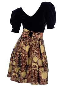 A 1980s THERESE BAUMAIRE Black Velvet & Copper Print Dress