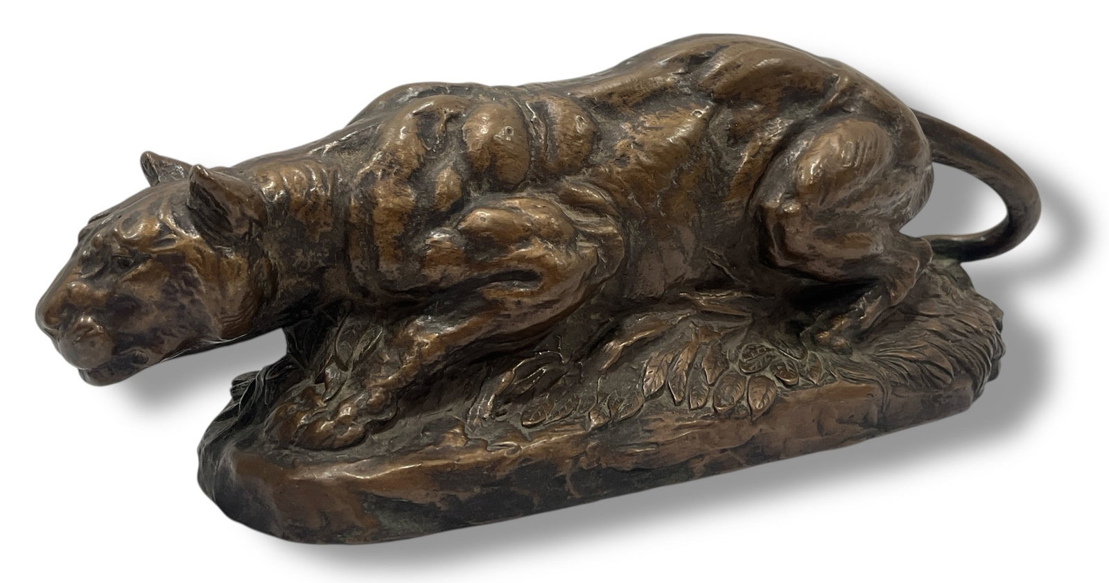 JOSEPH BOULTON Crouching Cougar Bronze Sculpture: Measures 6" H x 4.5" W x 16" D.