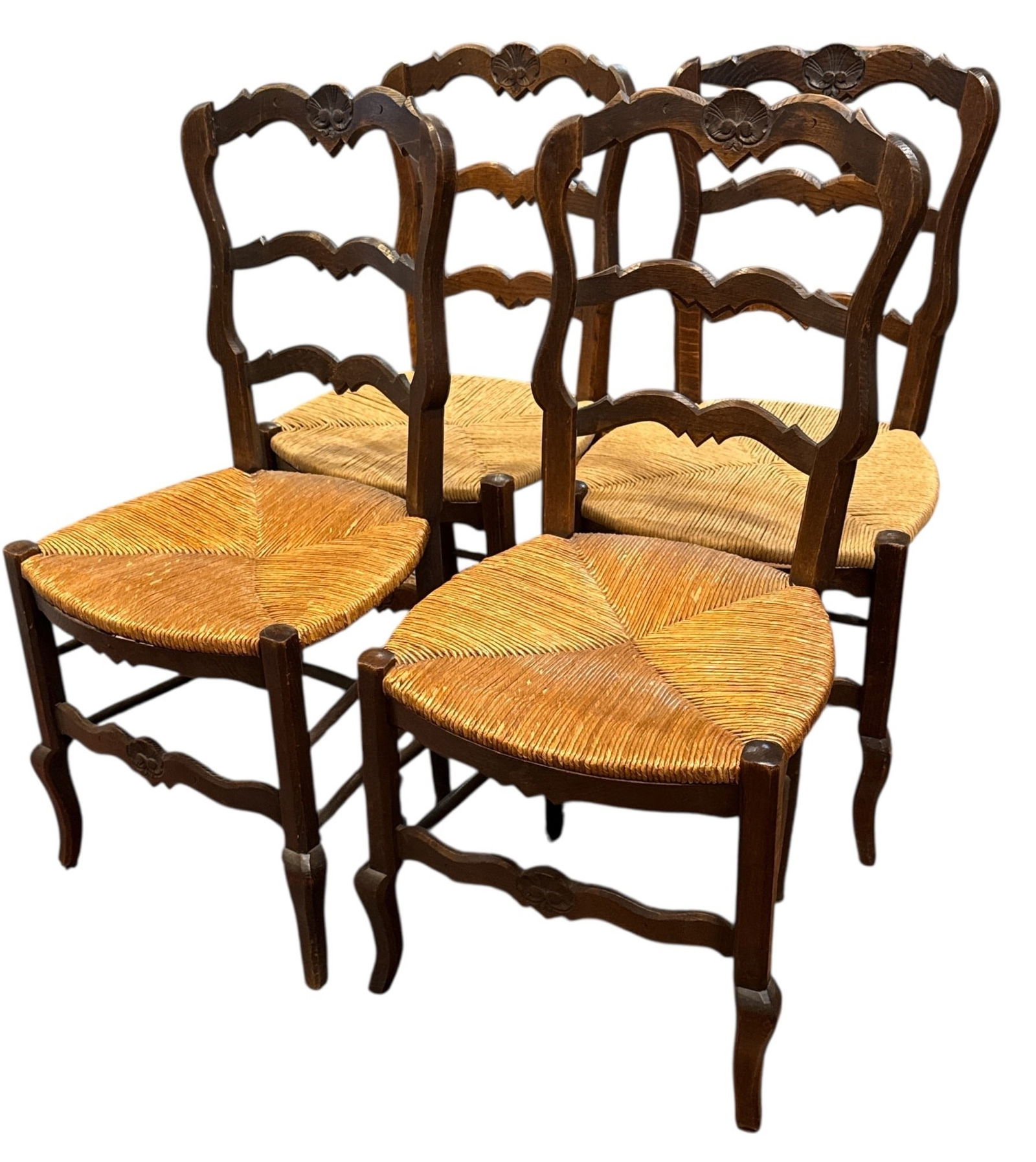 Set of Four Antique Country French Chairs: 36" H to back x 18" H to seat x 18" W x 16" D.