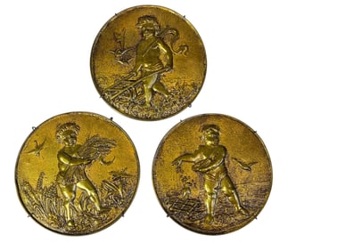 Antique French Brass Repousse Cherub Plaques