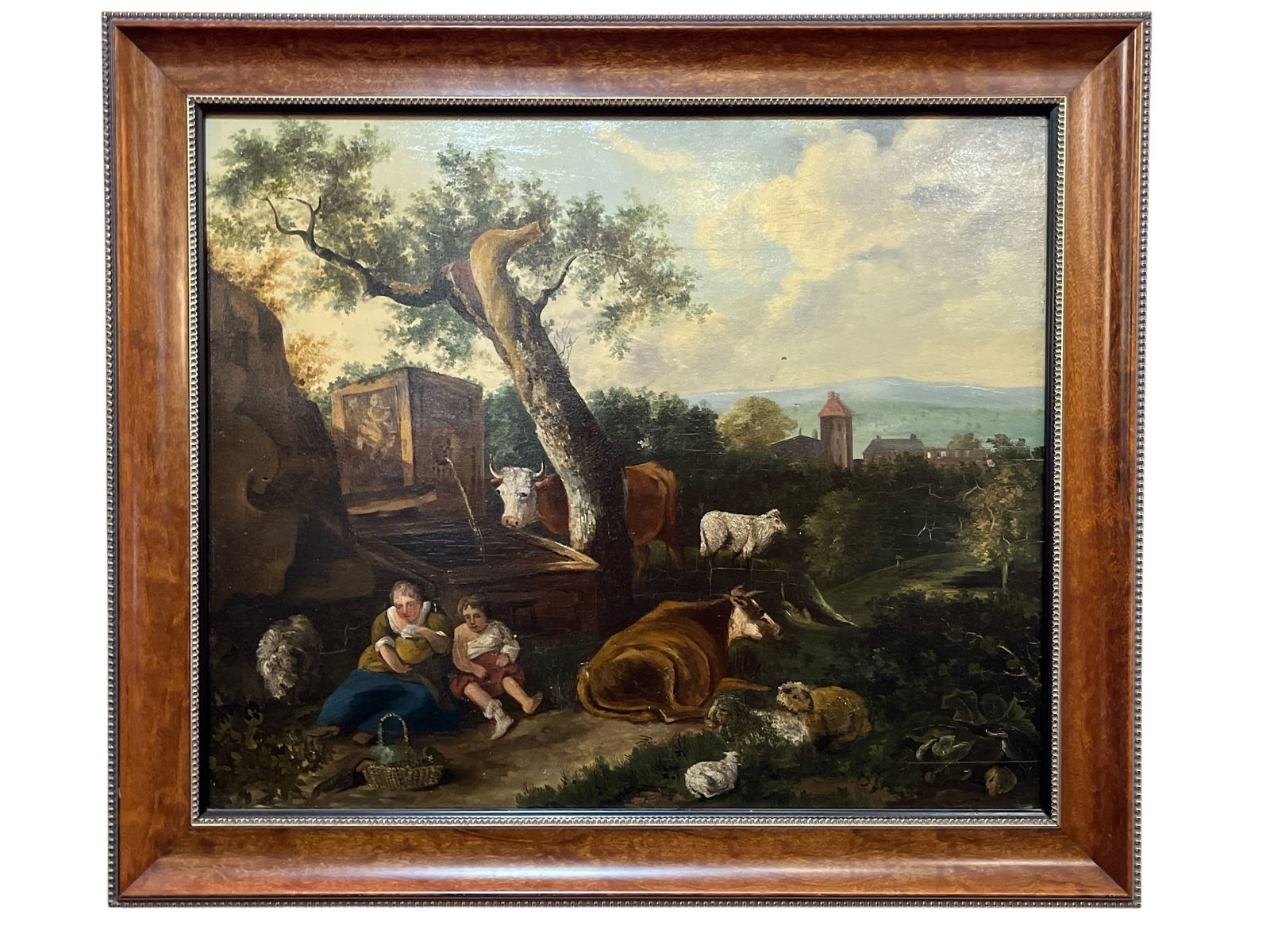 A Dutch School Pastoral Landscape Oil Painting: Measures 25.5" H x 29.75" W x 1.5" D.