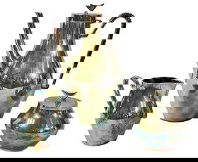 Mid Century 1950's "Denmark" JOHN PRIP for REED & BARTON Coffee Service Set: Includes teapot which measures 9.5" H x 5" W x 8" D, a sugar bowl with lid that measures 4" Hx 4" DIA, and creamer that measures 4" H x 3" W x 4.5" D.