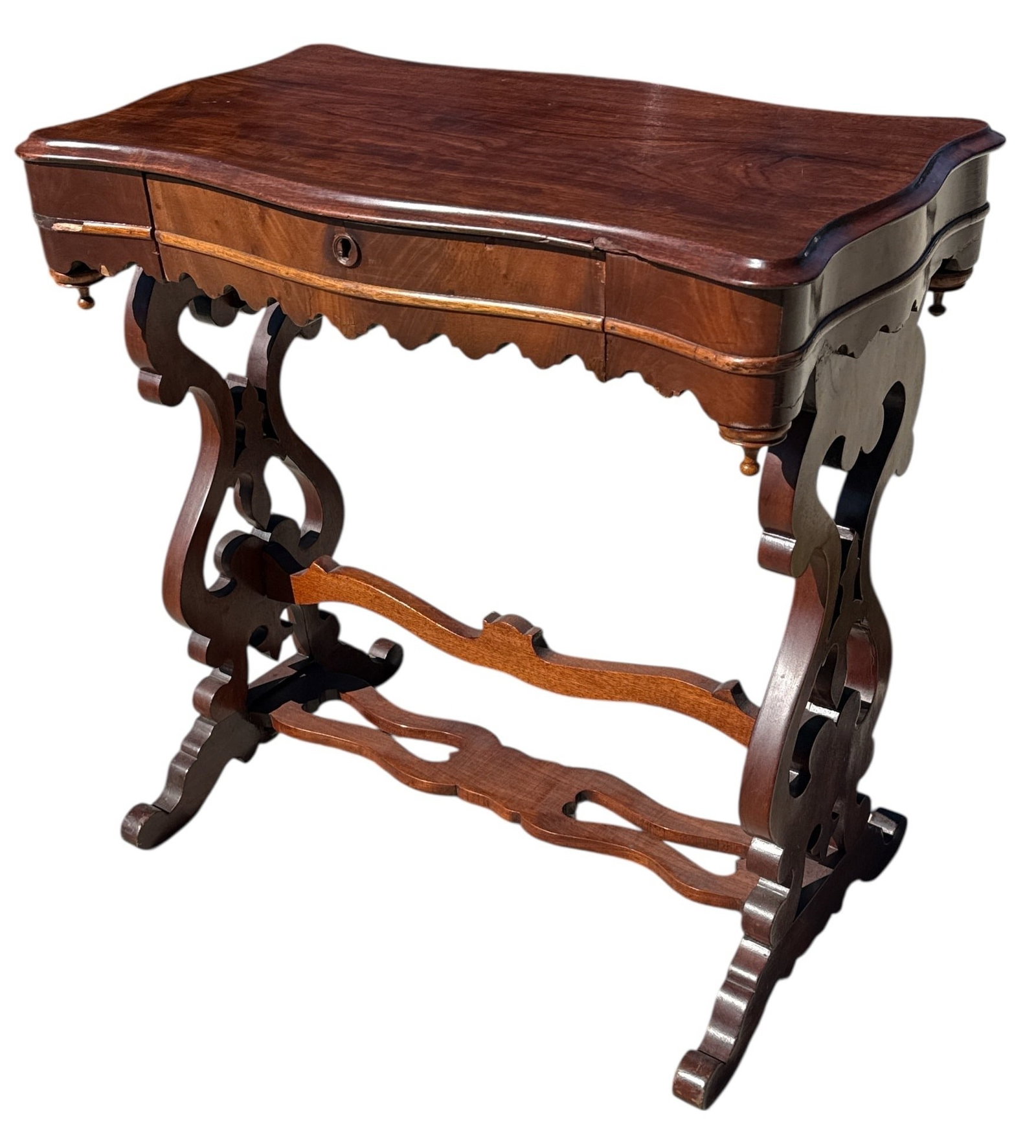 19th C. Traditional Mahogany Table: Measures 27.5" H x 26.5" W x 16" D.