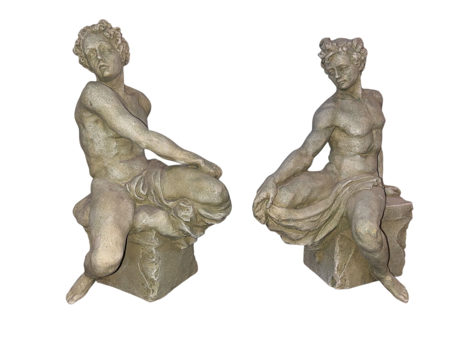 Pair of Composite Greek Statues: Both measure approx. 14" H x 10" W x 6" D.