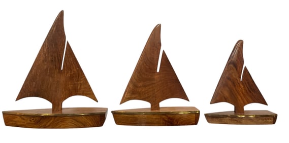 Set of Three Nesting Mid Century Brass and Wood Sailboat Sculptures