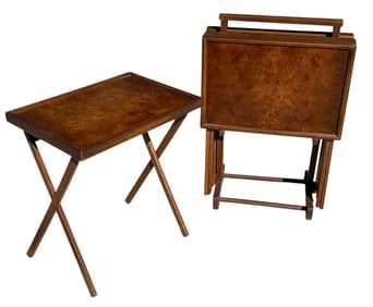 Mid Century Burlwood Folding Tray Tables, Set of Four