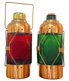 Pair of Mid Century Swedish Copper and Brass Lantern Liquor Decanters