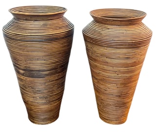 Pencil Reed Bamboo Floor Vases, Near Pair
