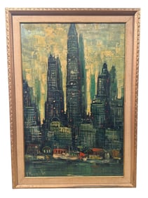Mid Century Cityscape Painting, Manhattan, New York City