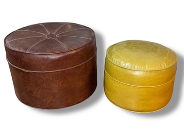 Two Mid Century Leather Round Ottomans