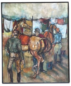 Mid Century Horse Racing Oil Painting