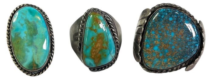 Three Southwestern Sterling Silver Turquoise Rings