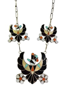 Native American Sterling Silver Zuni Inlay Thunderbird Necklace