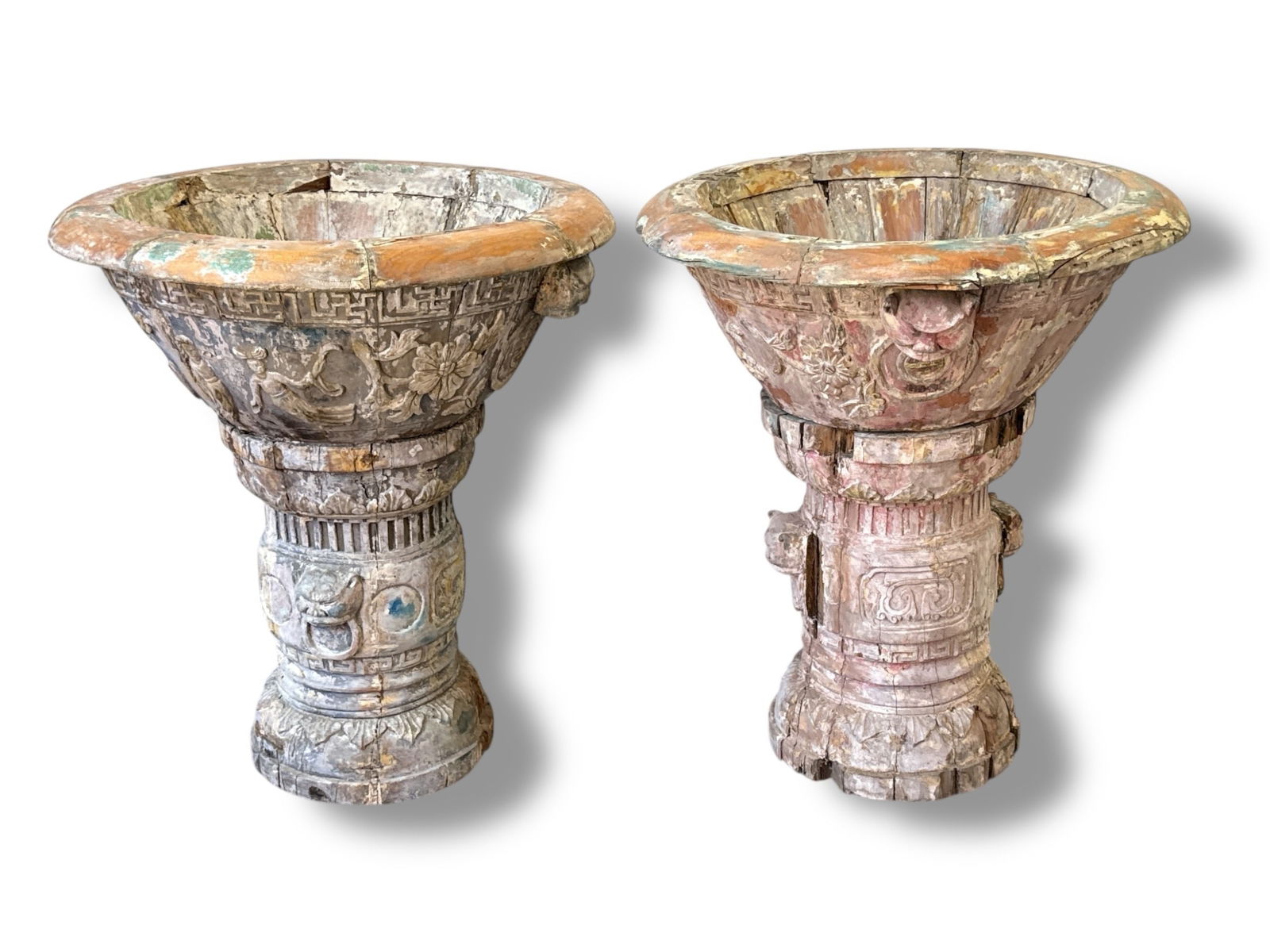 A Pair of Monumental Chinoiserie Urns: Wood, 36" H x 31" diameter x 24" opening diameter.