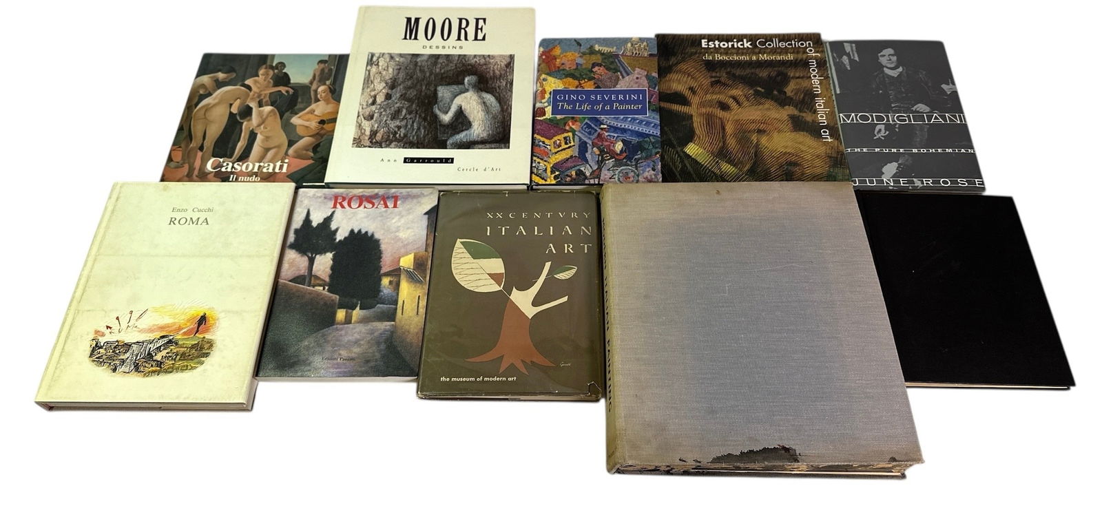 Collection of Vintage 50s-90s Italian Modern Art Books, ENZO CUCCHI: Collection includes 4 first edition books and exhibition catalogues, such as "The Passionate Sightseer" by Bernard Berenson and "Moore". Largest book measures 11.75" H x 13" W x 1.5" D.
