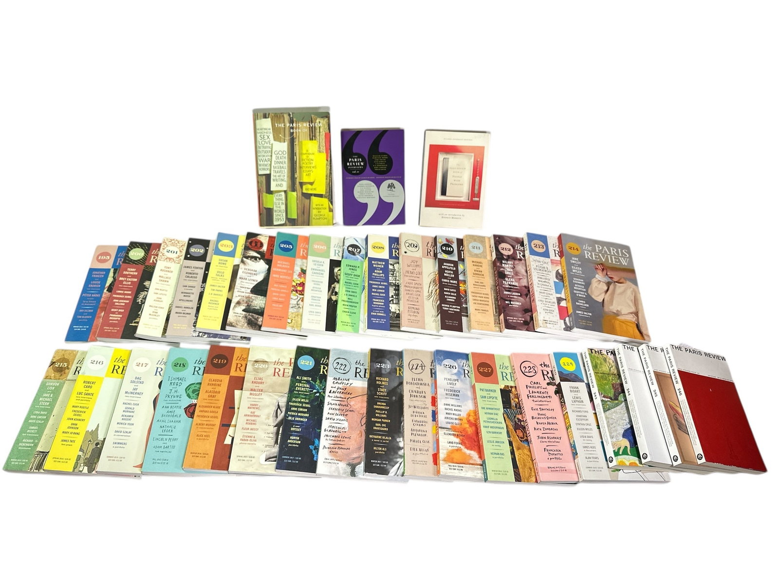 Collection of Paris Review Magazines: Collection includes vol 195, 200-229, 243-246, etc. Largest book measures 9.5" H x 6.5" W x 2" D.