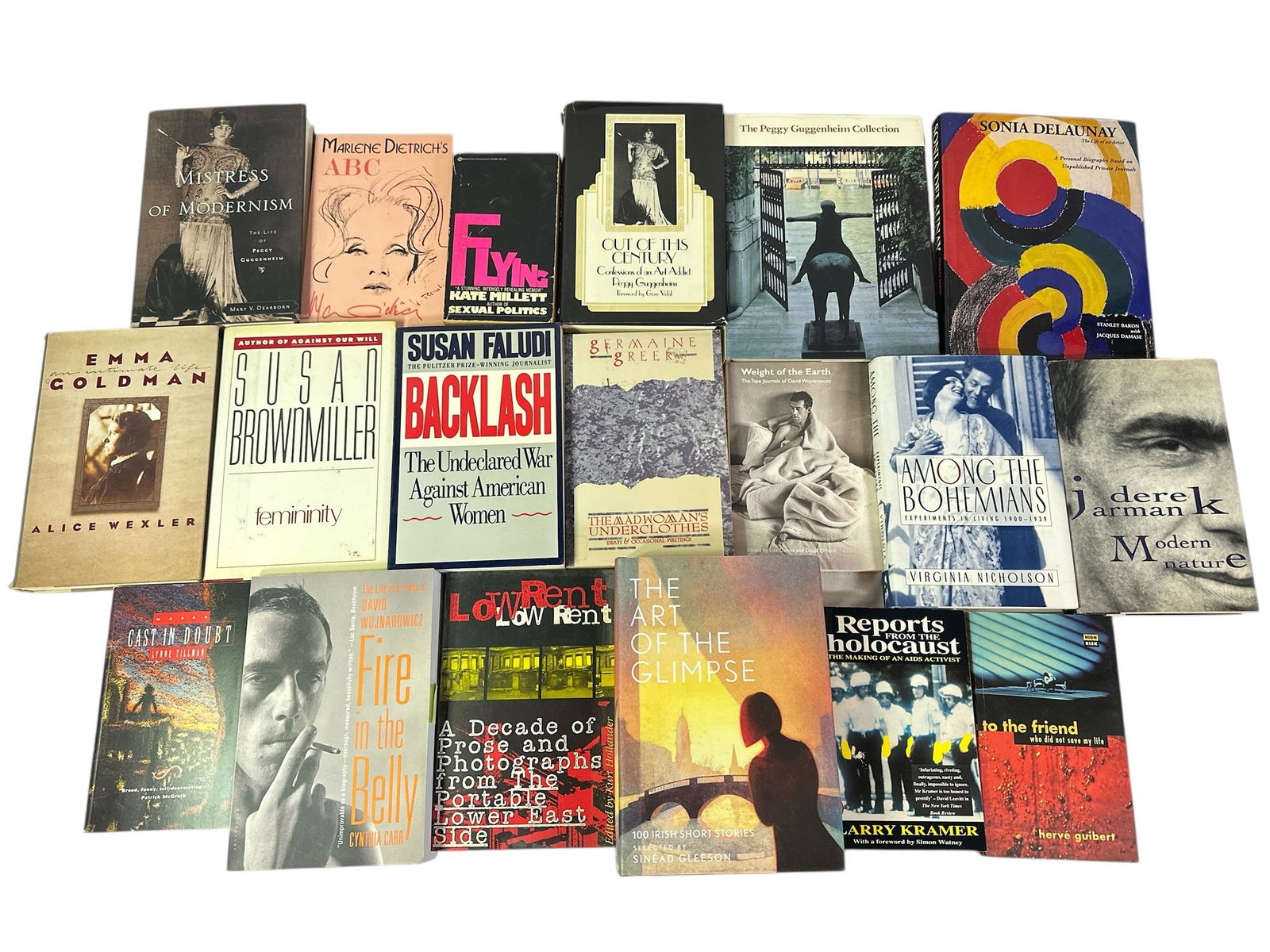 Collection of Female Author, Gender and Sexuality Books: Collection include a first edition "Emma Goldman: an Intimate Life" by Alice Wexler. Author includes Derek Jarman, Virginia Nicholson, Susan Brownmiller, Cynthia Carr, Peggy Guggenheim, Sonia Delaunay