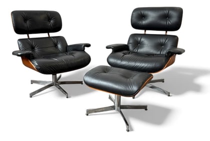 Pair Early SELIG Eames Style Lounge Chairs & Ottoman