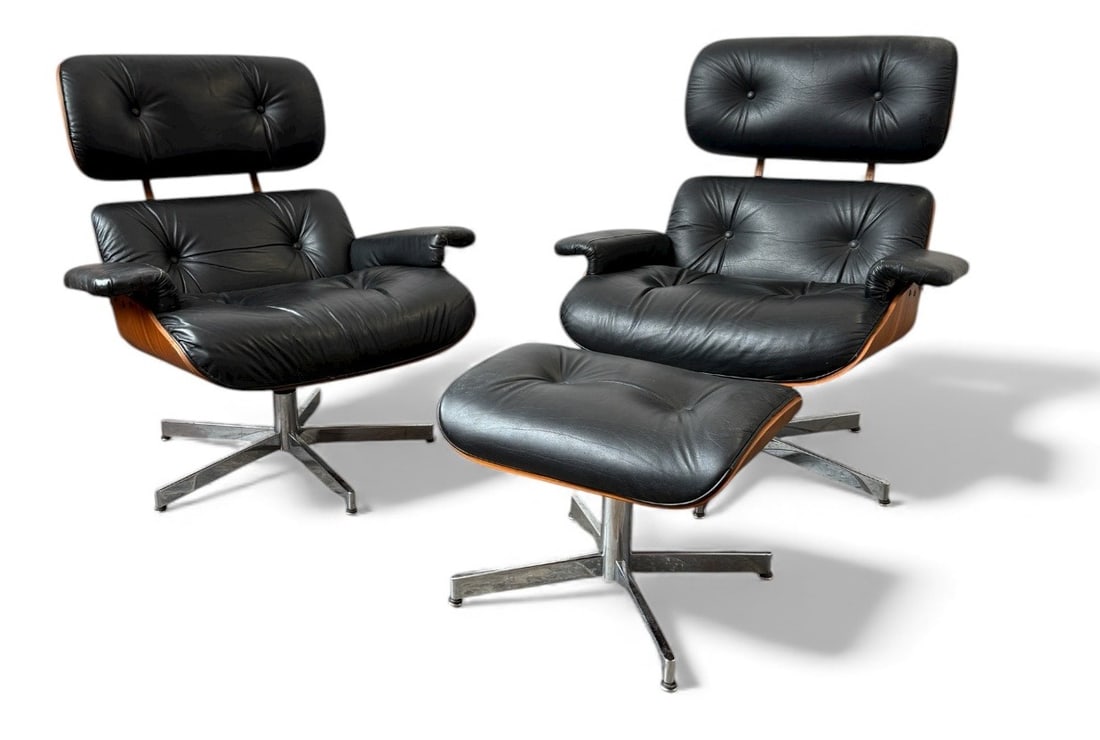 Pair Early SELIG Eames Style Lounge Chairs & Ottoman: Rare set of early Selig lounge chairs in the style of Charles & Ray Eames 670 & 671 lounge chair & ottoman. The wood back bar construction on both chairs indicates these are of earlier, more rare prod