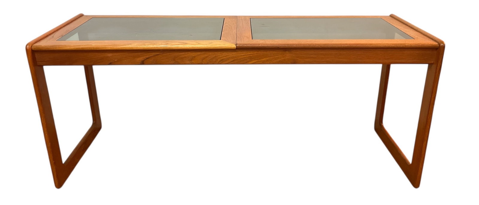 Mid Century KOMFORT Danish Smoked Glass Console Table: In the style of Lou Hodges. Measures 25.5" H x 60" W x 19.5" D.
