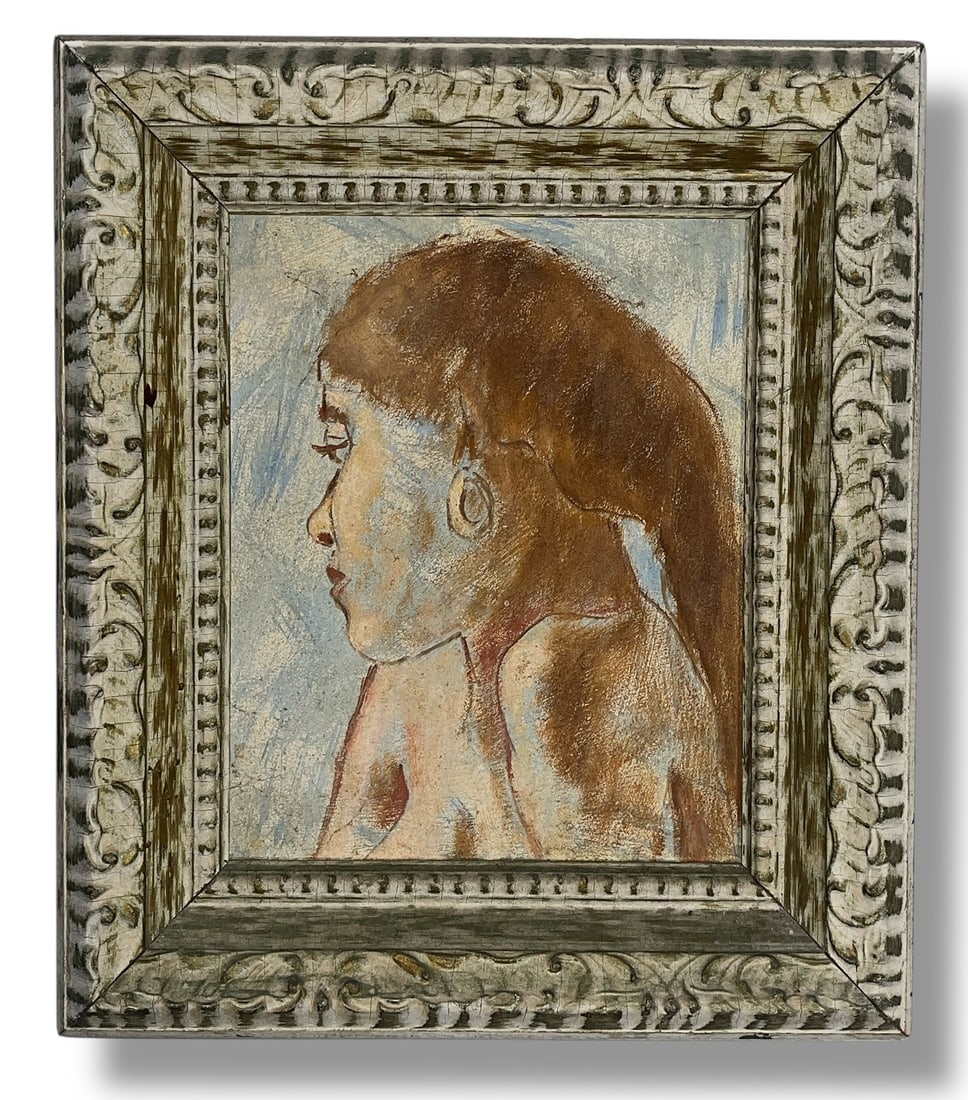 Mid Century Portrait Painting of a Woman: Oil pastel painting, measures 14" H x 12" W x 2" D.
