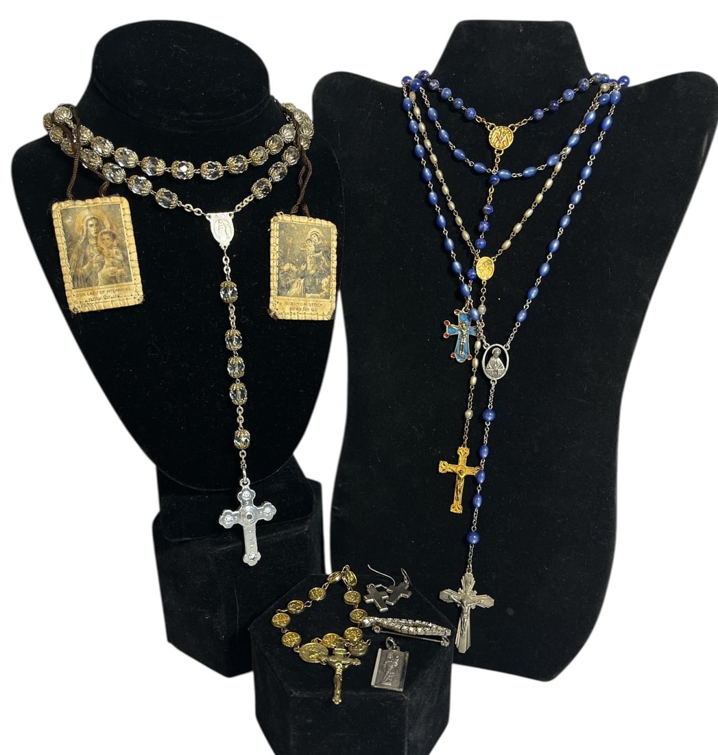 Vintage Religious Rosaries, Saint Reliquary, & Scapular, Some Sterling Silver (1 of 3)
