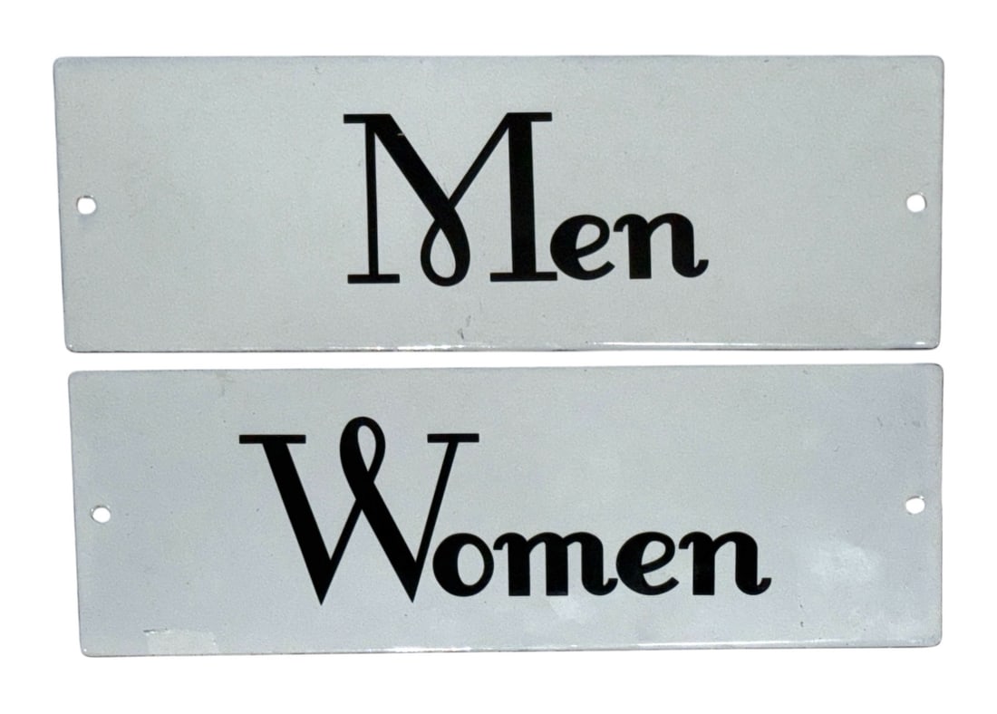 Vintage Men & Women Porcelain Enamel Signs: 3.5" H x 10" W, each.