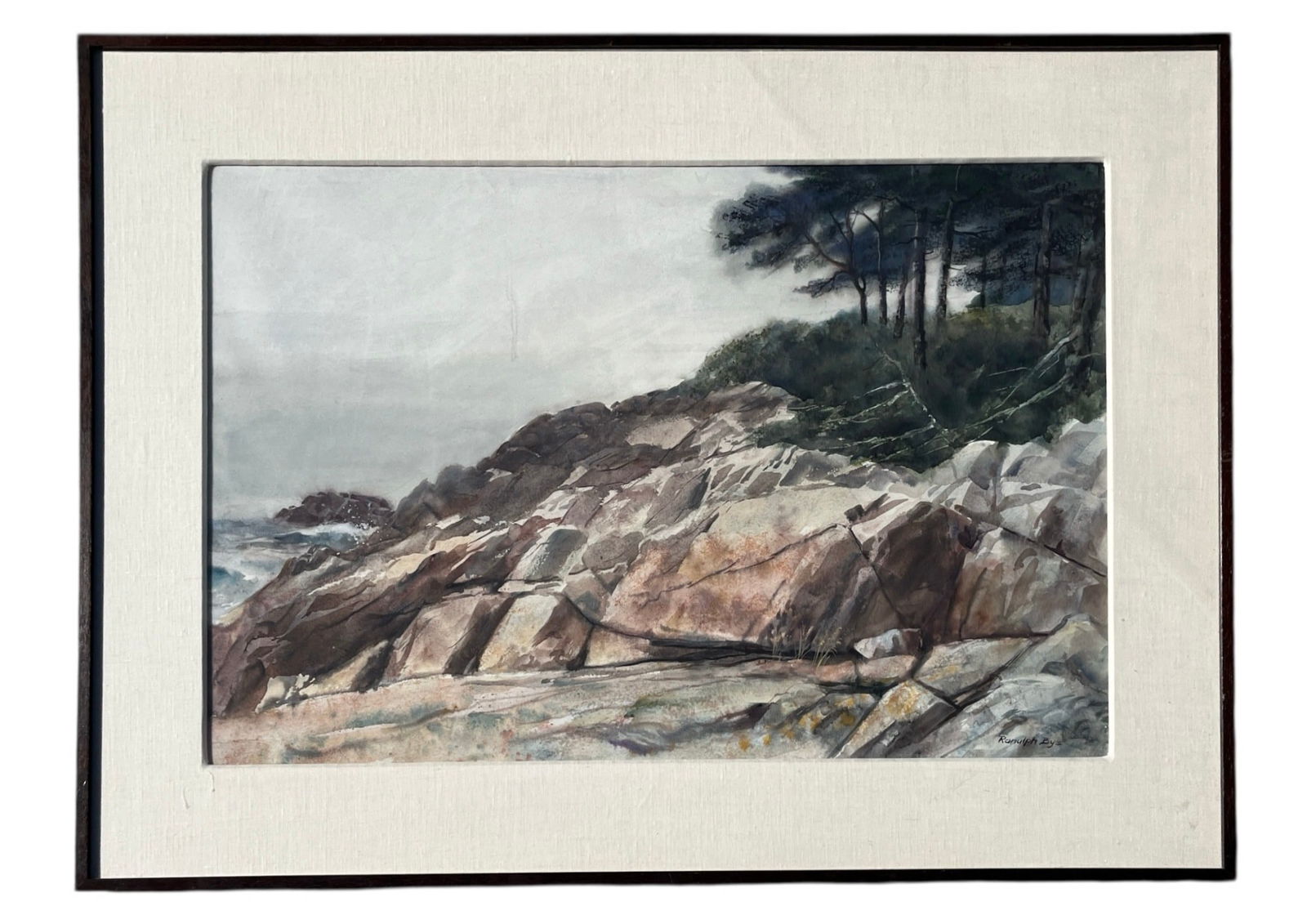 Large RANULPH BYE Watercolor Landscape: 36.25" H x 48.5" W x 1.5" D in the frame.