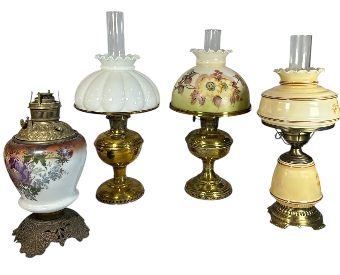 Collection of Antique Electrified Oil Lamps: Includes 3 electrified oil lamps, the purple floral lamp body needs to be electrified. Rayo White oil lamp measures 23" H x 10.5" DIA overall.