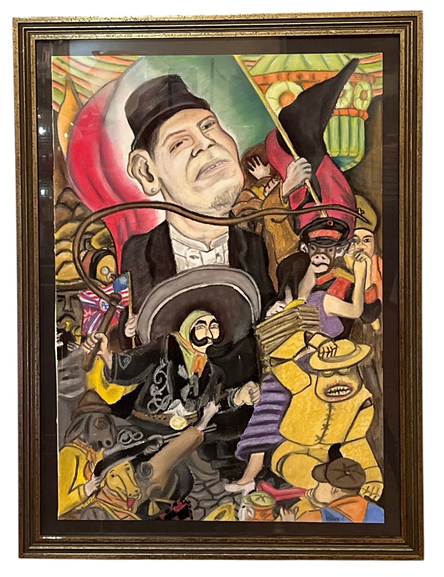 AFTER DIEGO RIVERA "Carnaval de la Vida Mexicana" Oil Pastel: Measures 28" H x 20.75" W x 1" D in the frame.